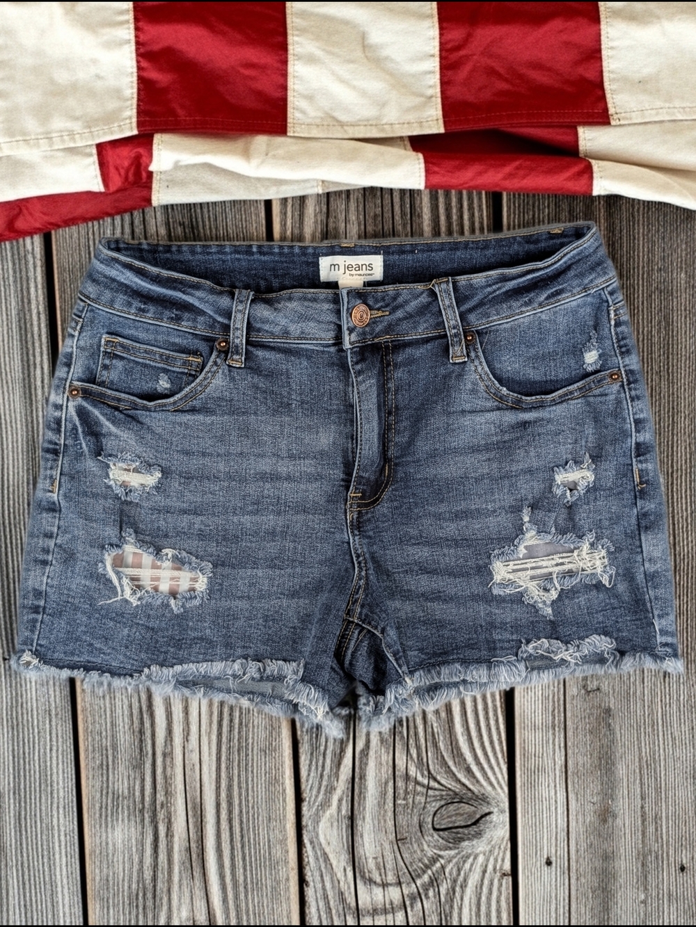 m jeans by maurices Cut Off Distressed Mid Rise Denim Shorts‎ Blue Women's 8